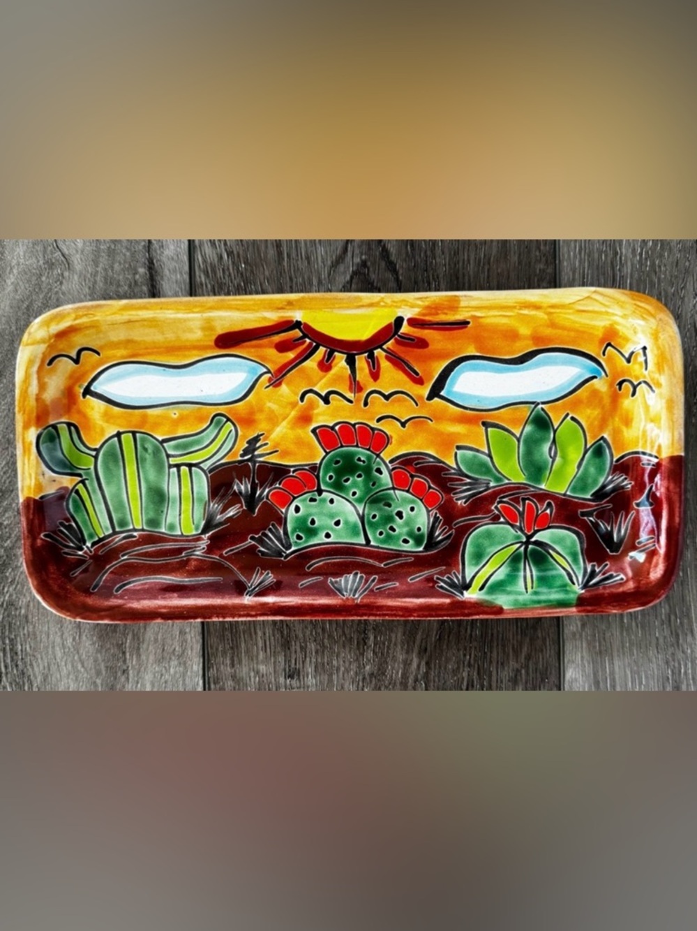 Mexican Pottery Serving Tray 12" Desert Cactus Sunset Ceramic Catchall Dish